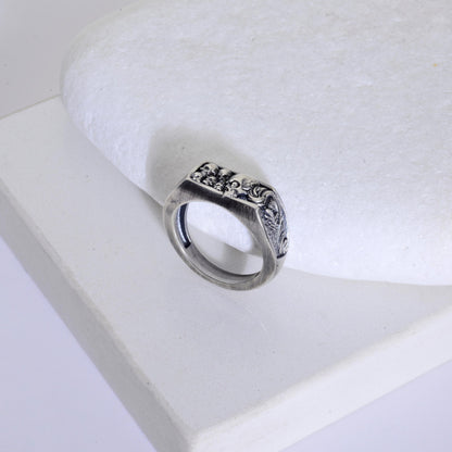 Sterling Silver Skull Ring, Engraved Biker Ring