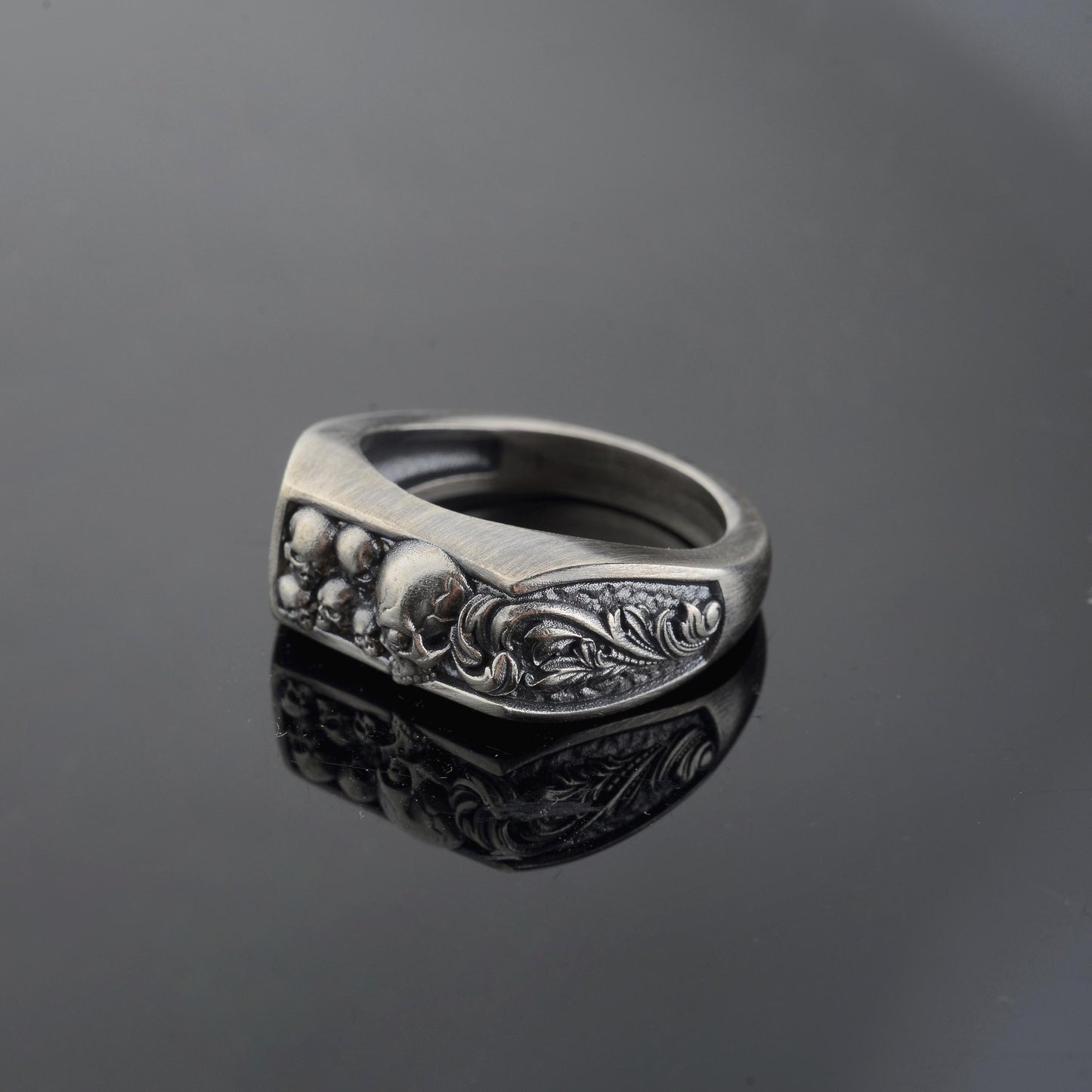 Sterling Silver Skull Ring, Engraved Biker Ring