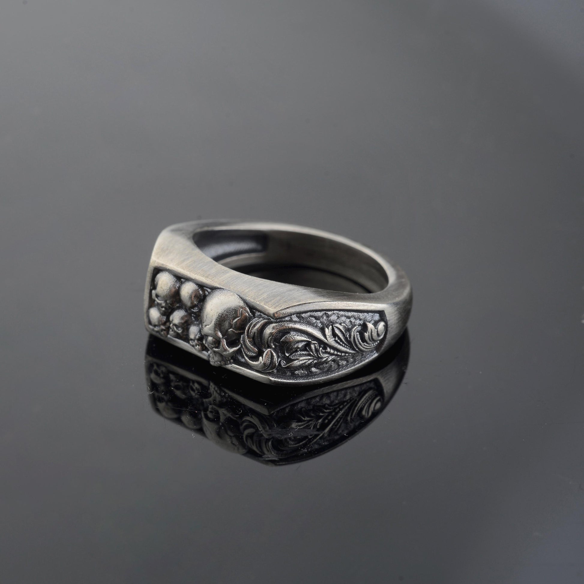 Sterling Silver Skull Ring, Engraved Biker Ring