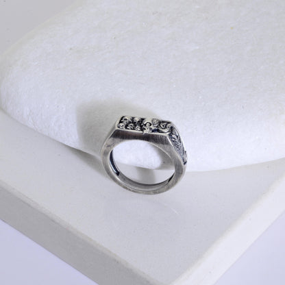Sterling Silver Skull Ring, Engraved Biker Ring