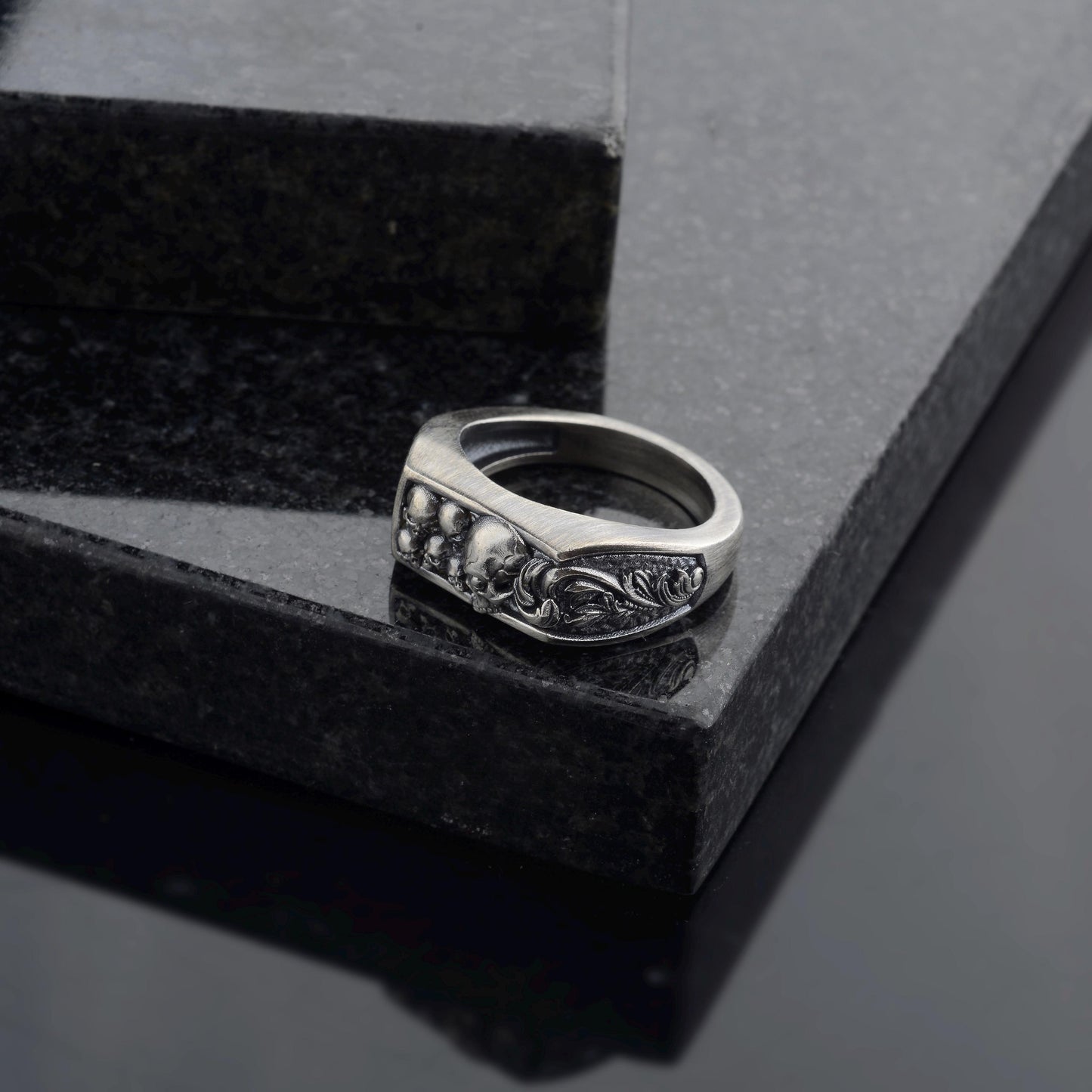 Sterling Silver Skull Ring, Engraved Biker Ring