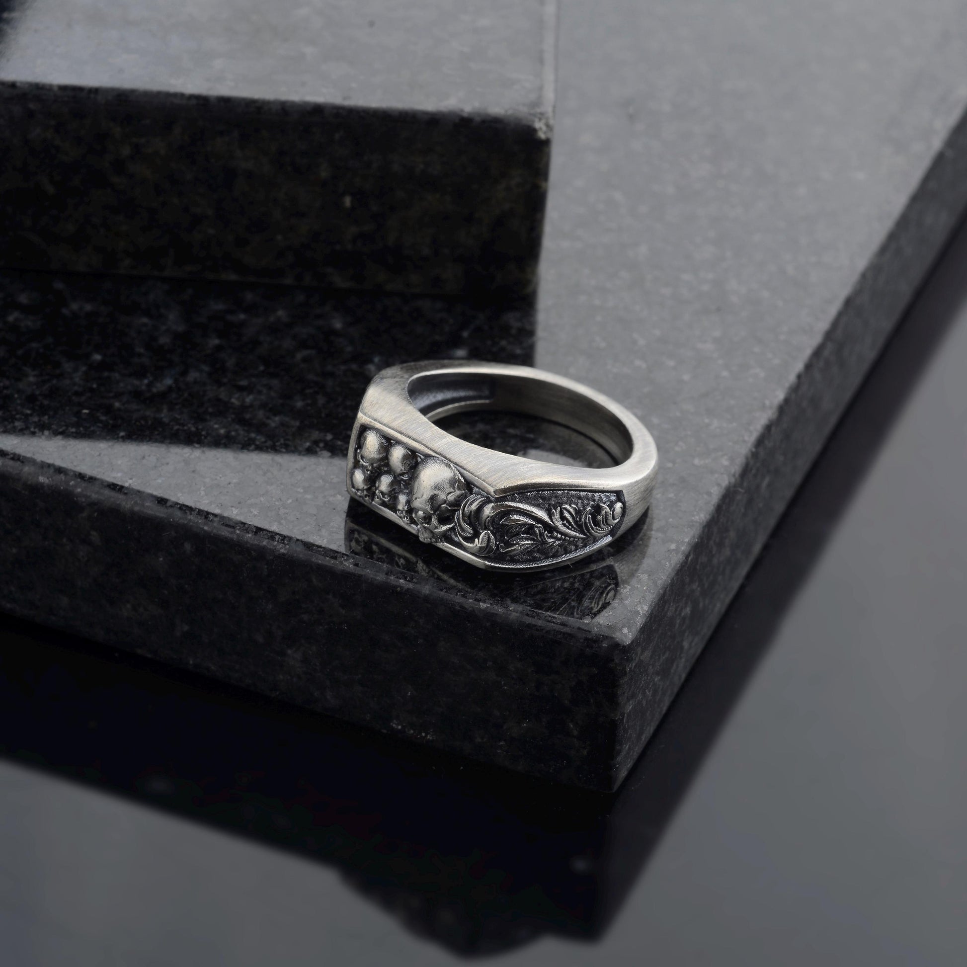 Sterling Silver Skull Ring, Engraved Biker Ring