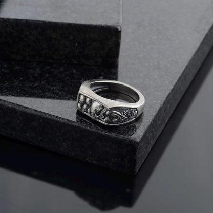 Sterling Silver Skull Ring, Engraved Biker Ring