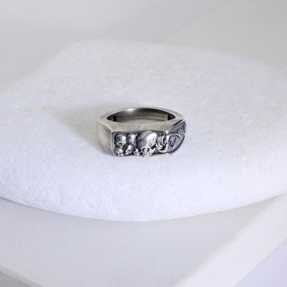 Sterling Silver Skull Ring, Engraved Biker Ring