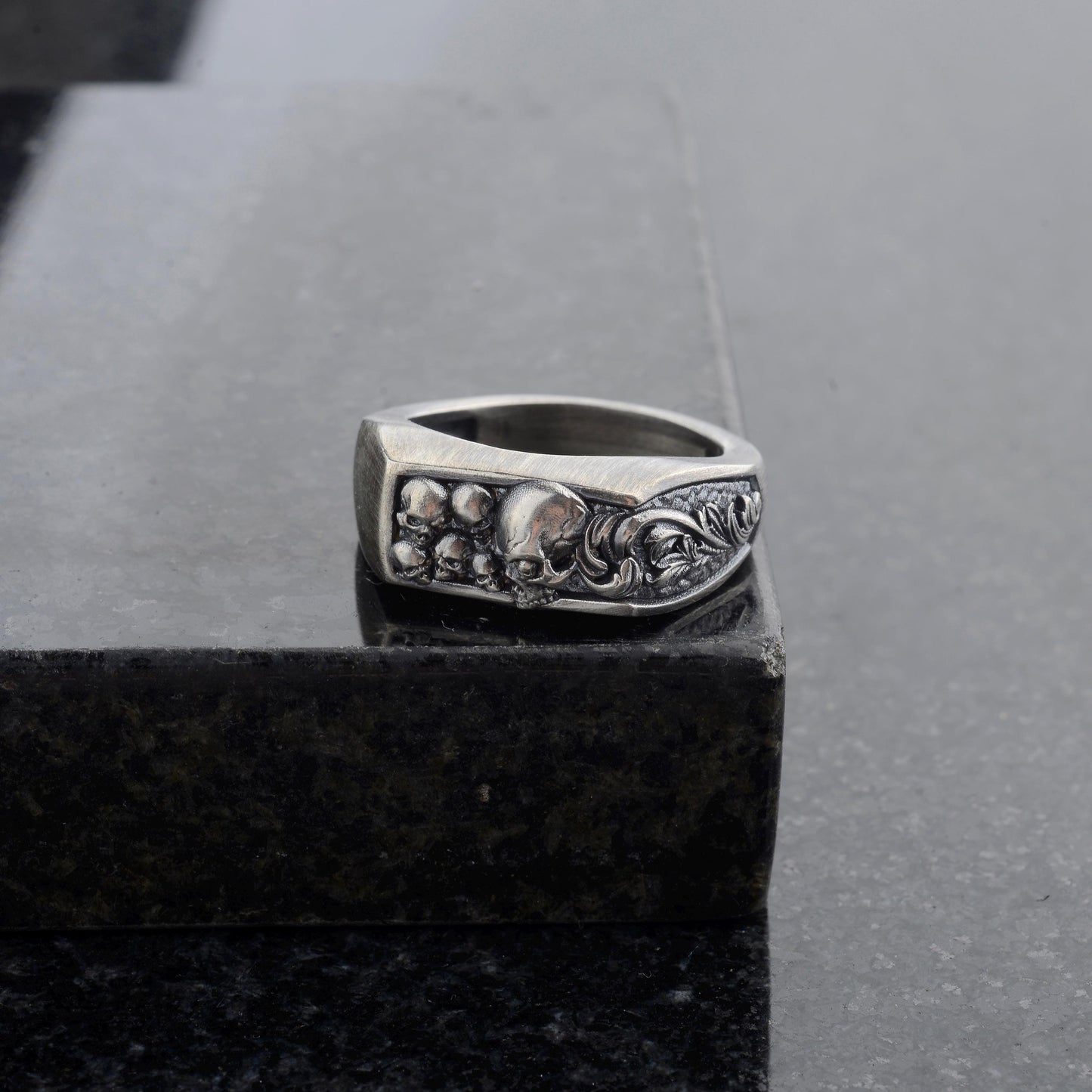 Sterling Silver Skull Ring, Engraved Biker Ring