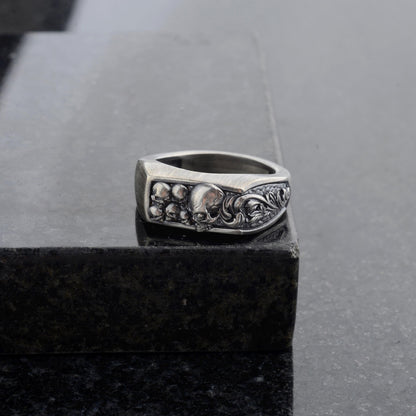 Sterling Silver Skull Ring, Engraved Biker Ring