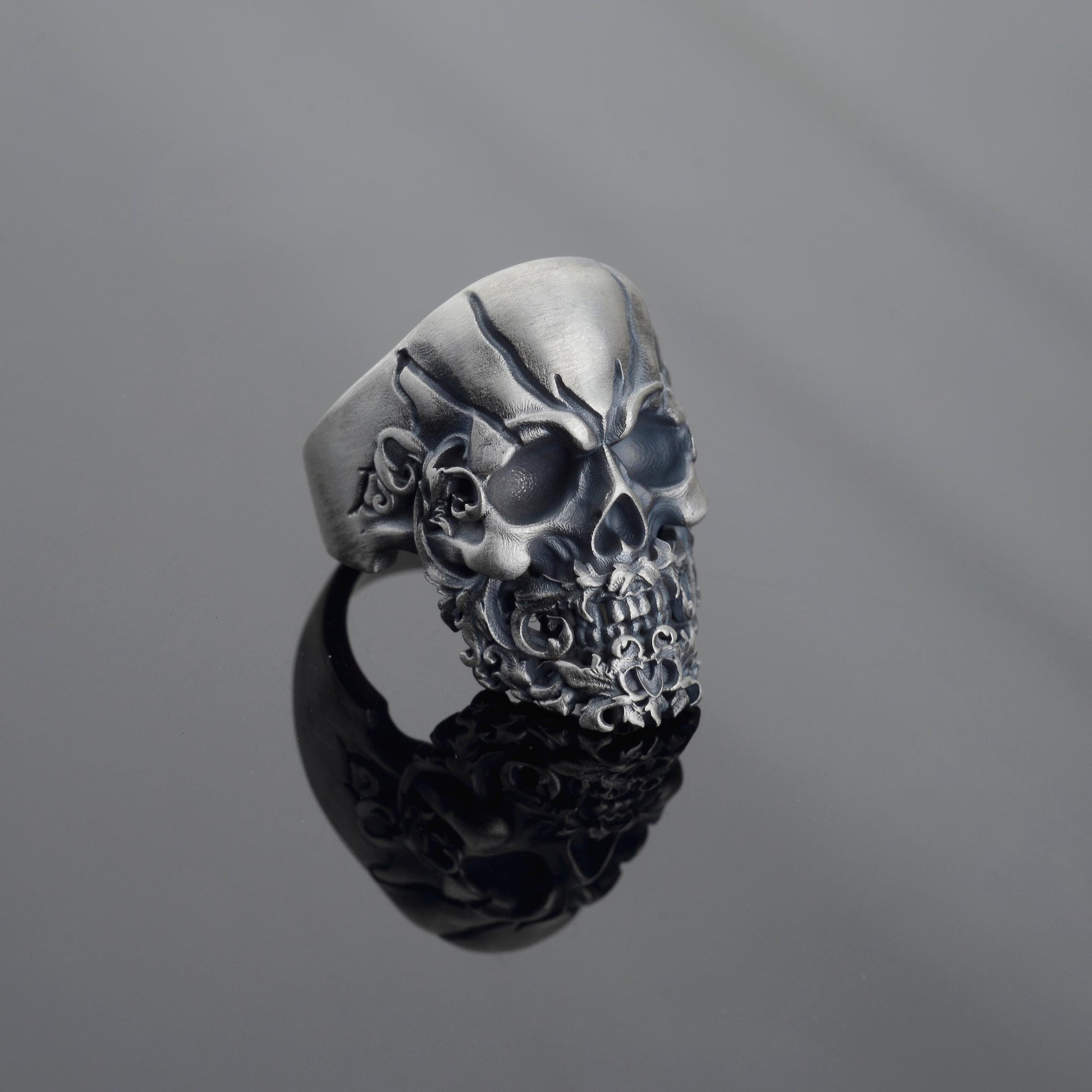 Sterling Silver Skull Ring, Hand Engraved Gothic Biker Ring