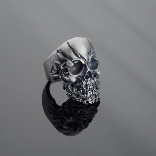 Sterling Silver Skull Ring, Hand Engraved Gothic Biker Ring