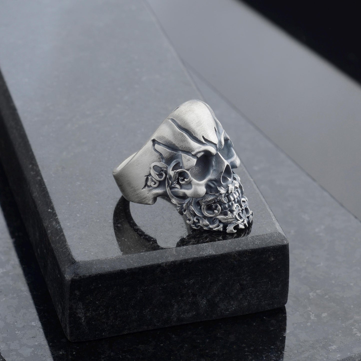 Sterling Silver Skull Ring, Hand Engraved Gothic Biker Ring