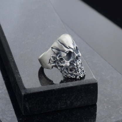 Sterling Silver Skull Ring, Hand Engraved Gothic Biker Ring