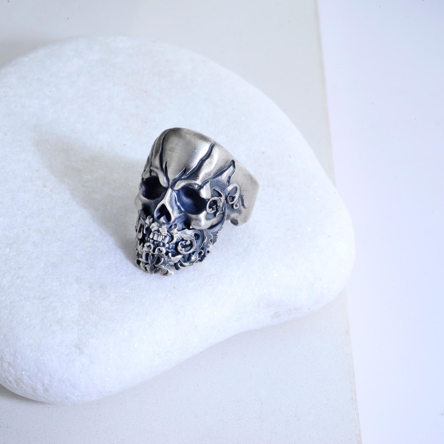 Sterling Silver Skull Ring, Hand Engraved Gothic Biker Ring