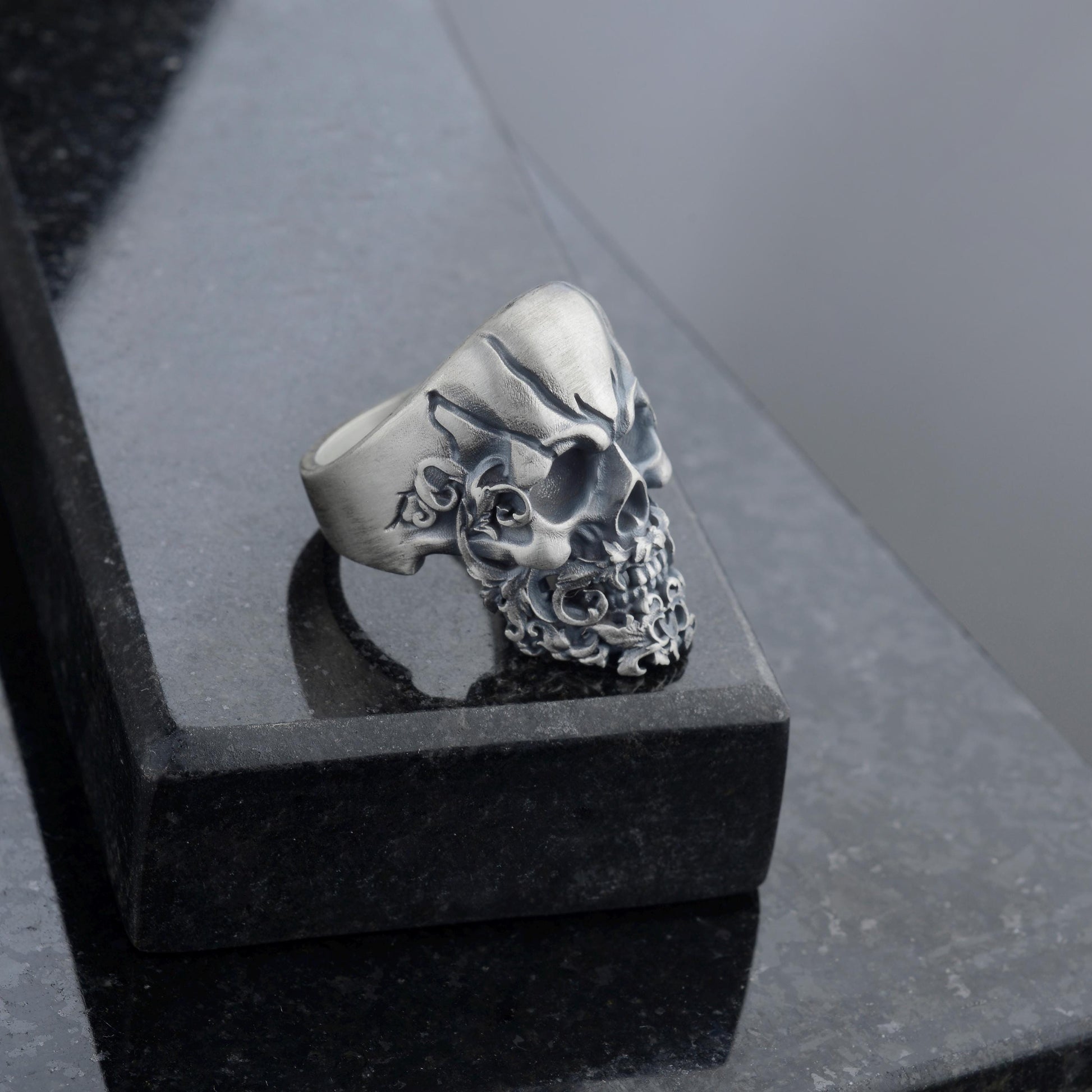 Sterling Silver Skull Ring, Hand Engraved Gothic Biker Ring