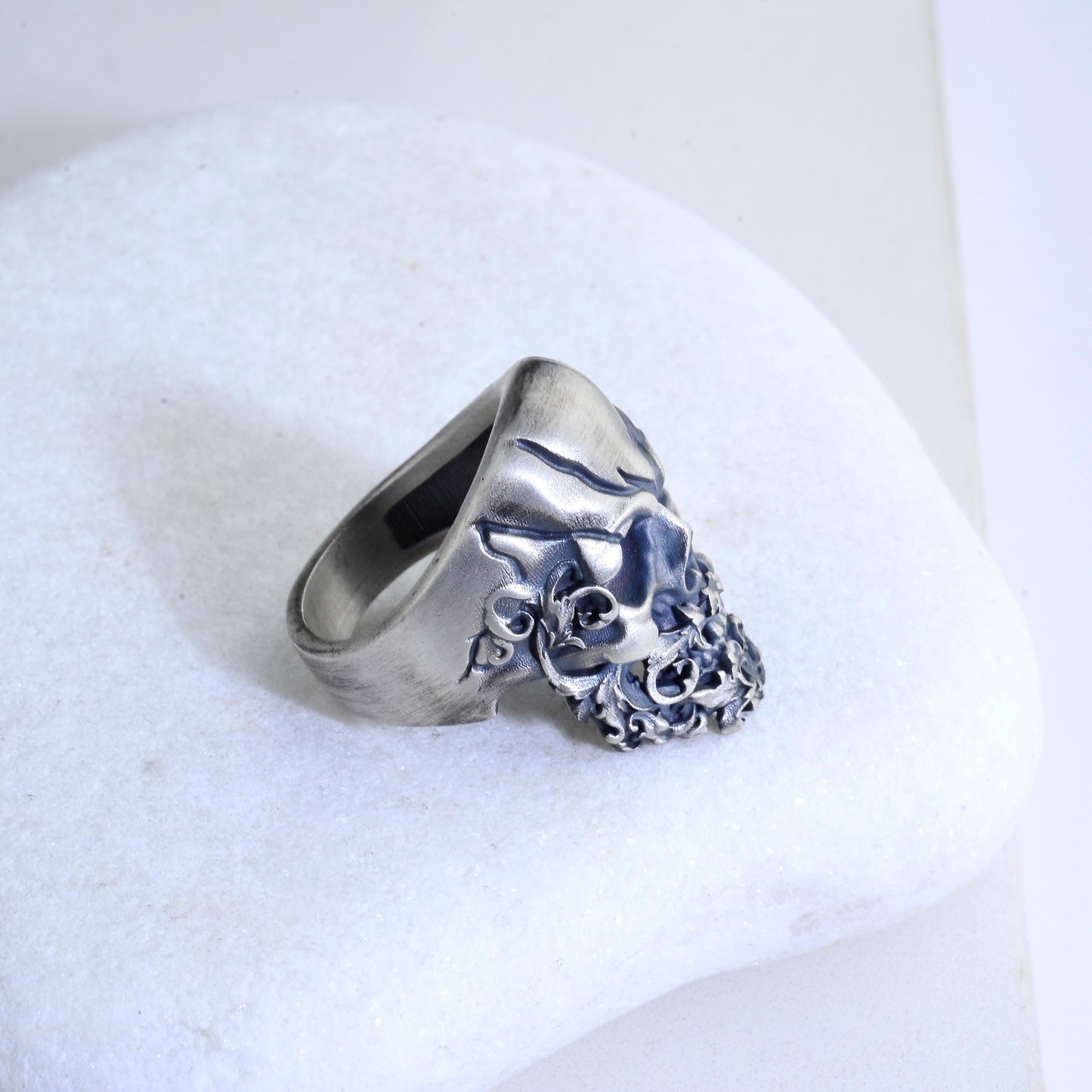 Sterling Silver Skull Ring, Hand Engraved Gothic Biker Ring