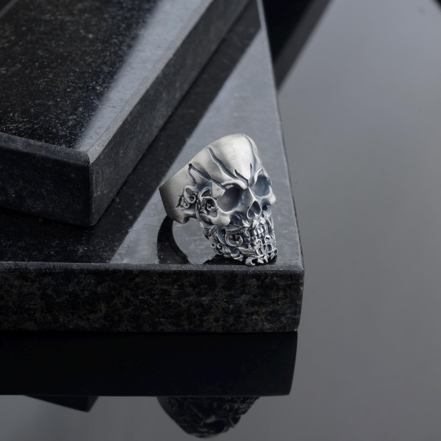 Sterling Silver Skull Ring, Hand Engraved Gothic Biker Ring