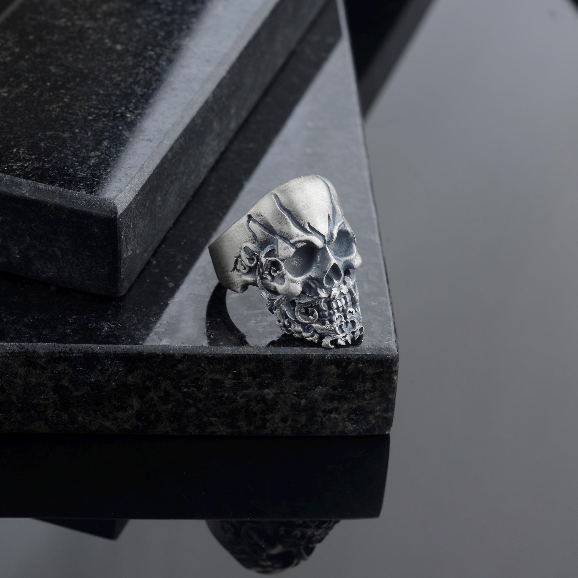 Sterling Silver Skull Ring, Hand Engraved Gothic Biker Ring