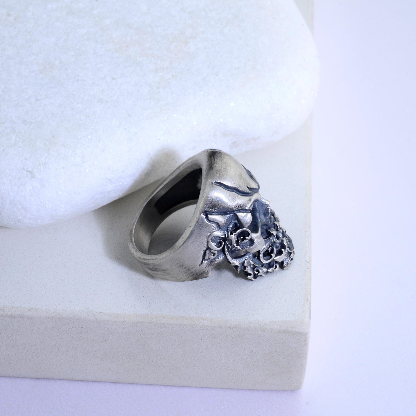 Sterling Silver Skull Ring, Hand Engraved Gothic Biker Ring