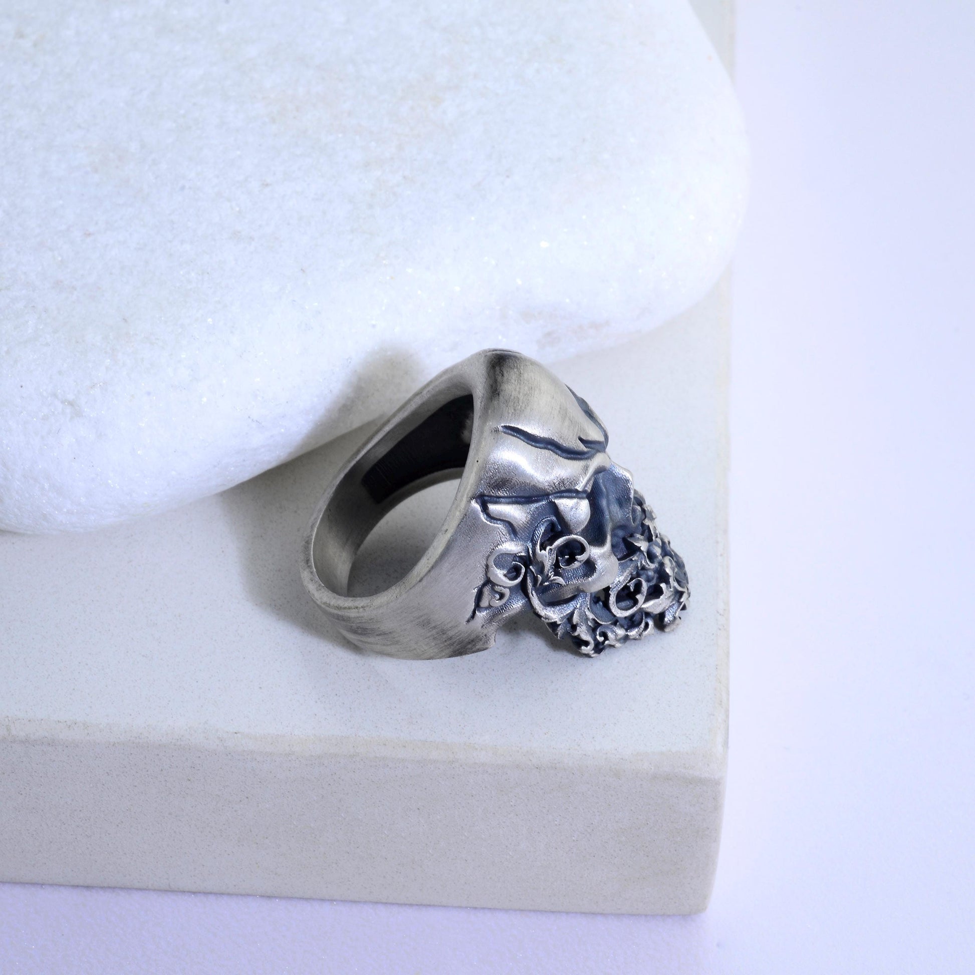 Sterling Silver Skull Ring, Hand Engraved Gothic Biker Ring