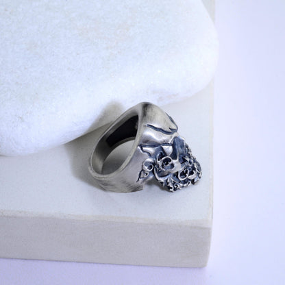 Sterling Silver Skull Ring, Hand Engraved Gothic Biker Ring
