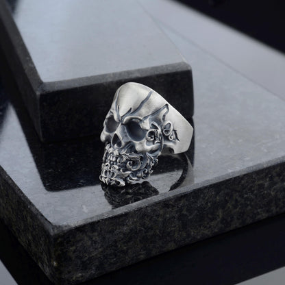 Sterling Silver Skull Ring, Hand Engraved Gothic Biker Ring