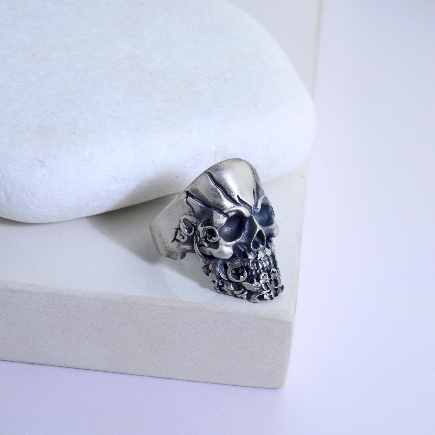 Sterling Silver Skull Ring, Hand Engraved Gothic Biker Ring