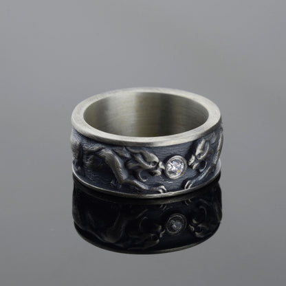 Sterling Silver Tiger Signet Ring, Diamond Gemstone, Handmade Animal Band