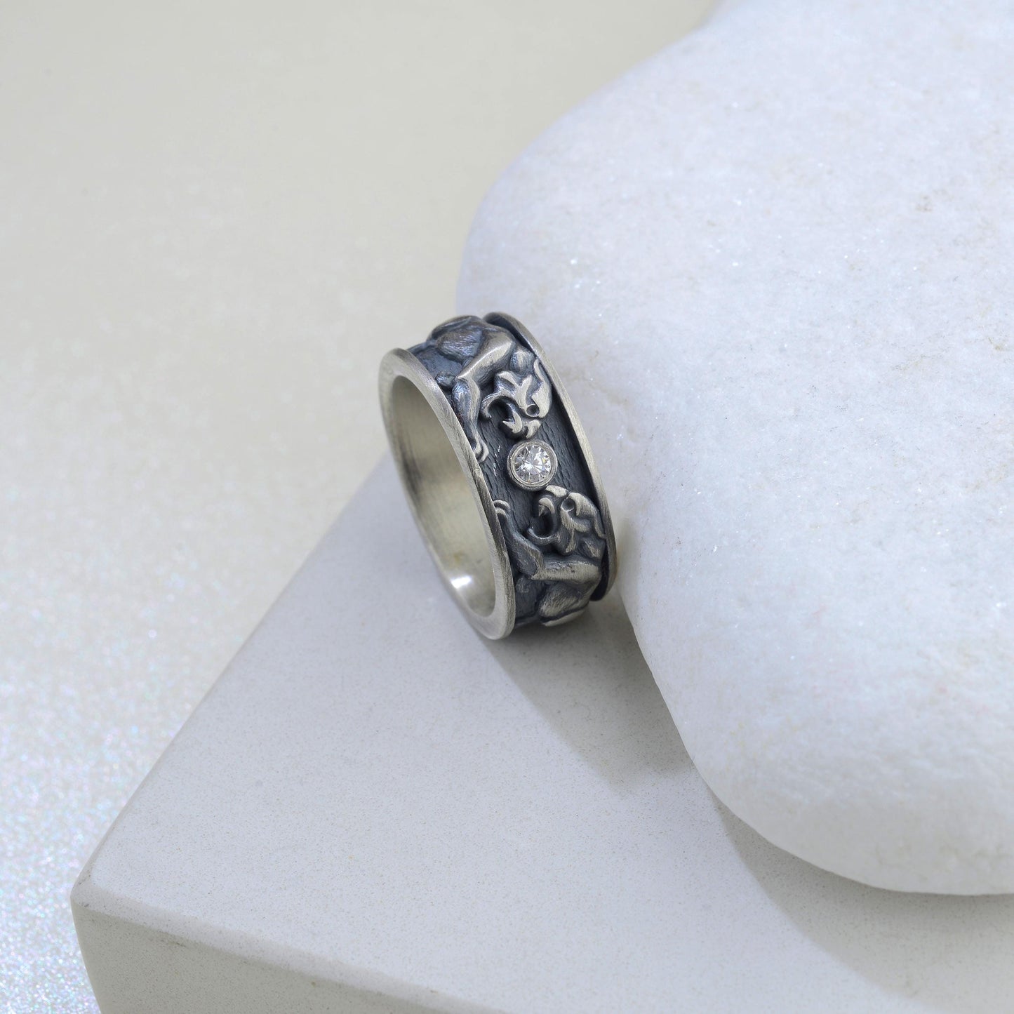 Sterling Silver Tiger Signet Ring, Diamond Gemstone, Handmade Animal Band