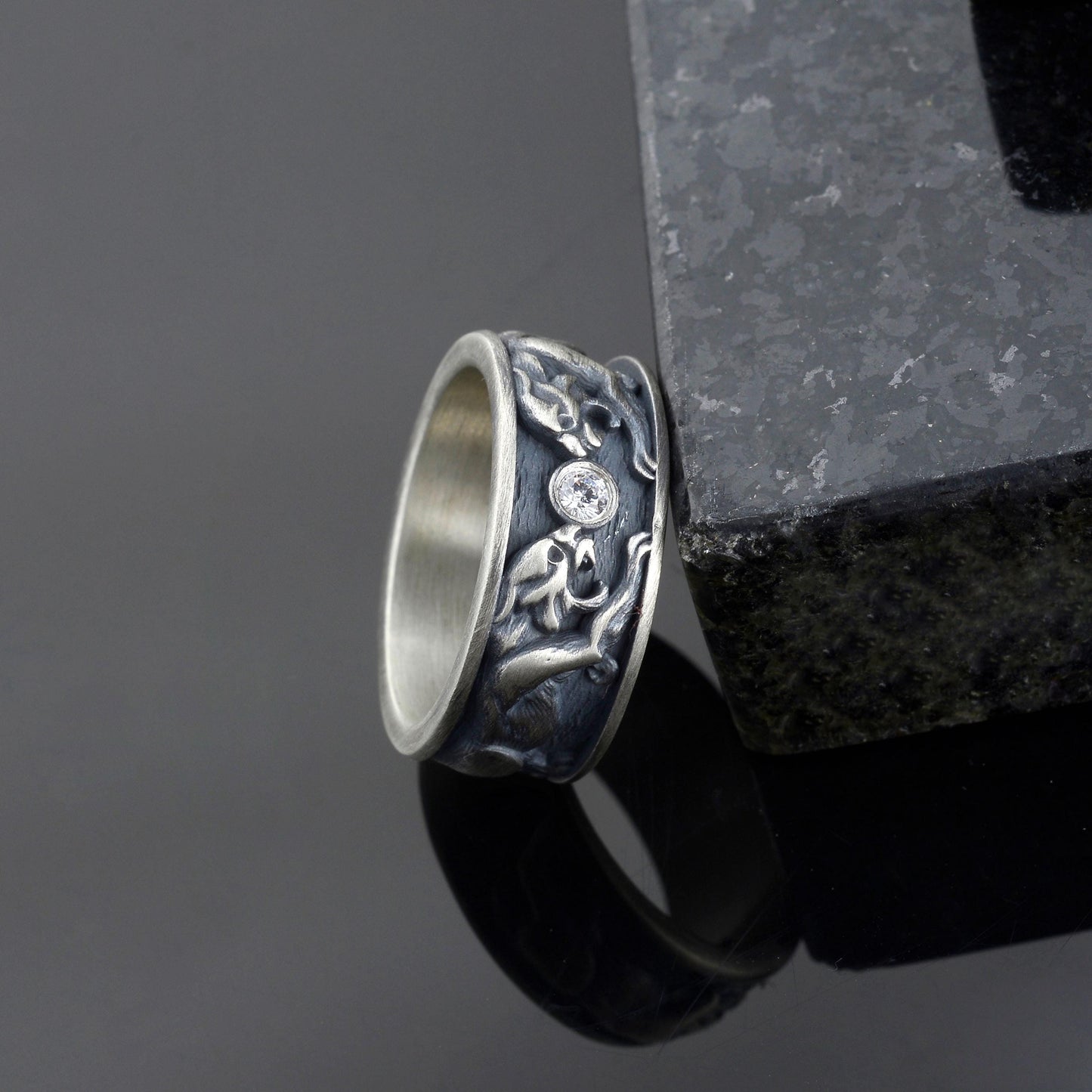 Sterling Silver Tiger Signet Ring, Diamond Gemstone, Handmade Animal Band