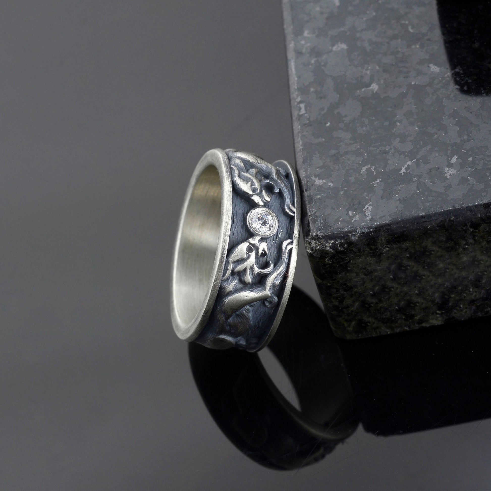 Sterling Silver Tiger Signet Ring, Diamond Gemstone, Handmade Animal Band