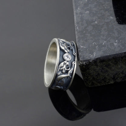 Sterling Silver Tiger Signet Ring, Diamond Gemstone, Handmade Animal Band