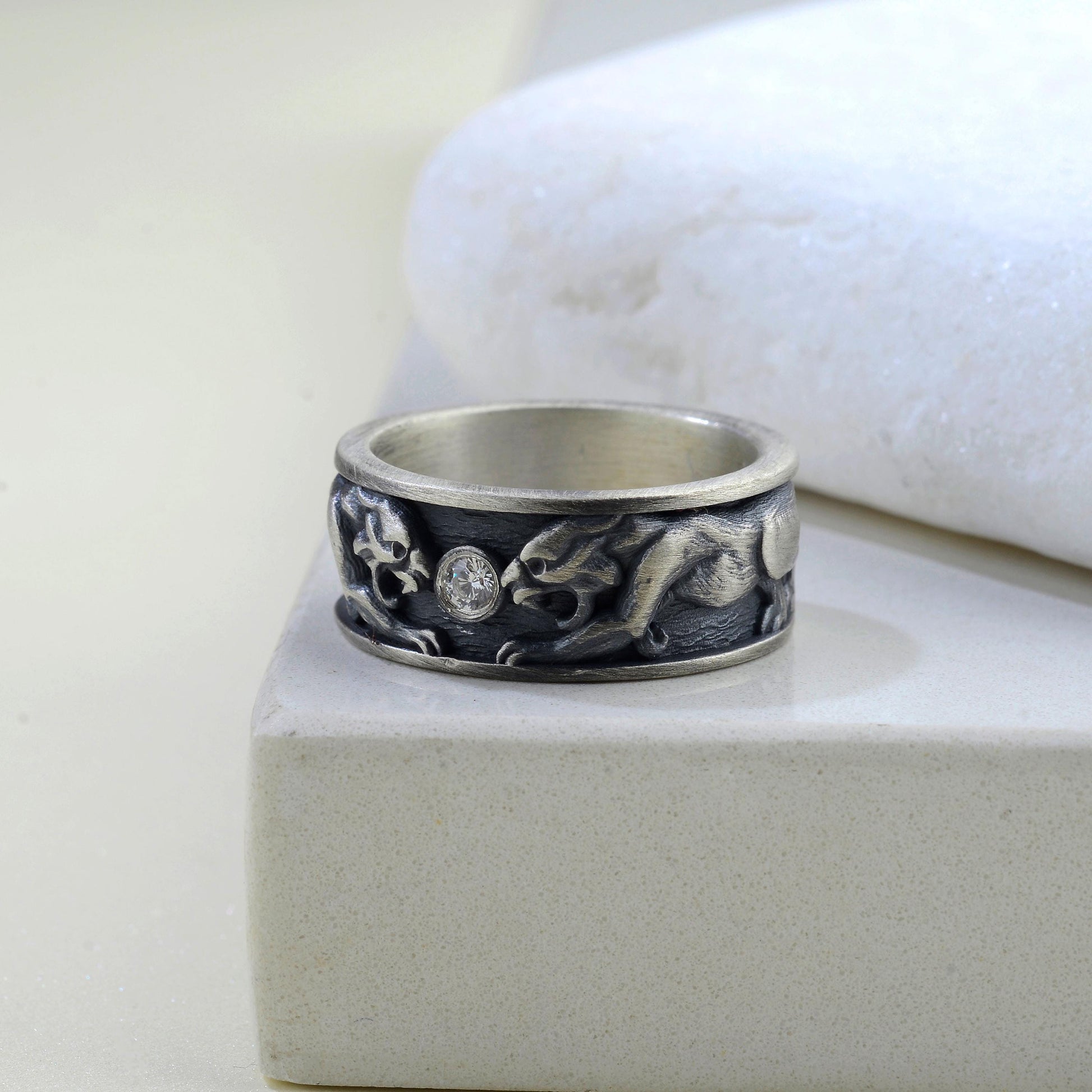 Sterling Silver Tiger Signet Ring, Diamond Gemstone, Handmade Animal Band