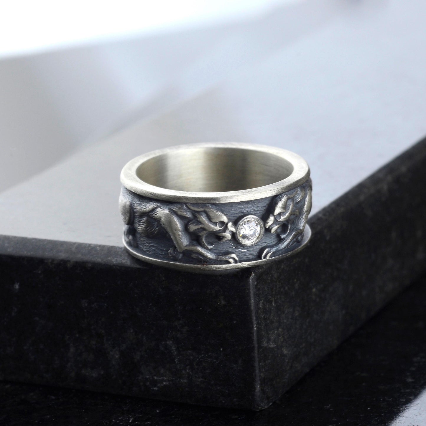 Sterling Silver Tiger Signet Ring, Diamond Gemstone, Handmade Animal Band