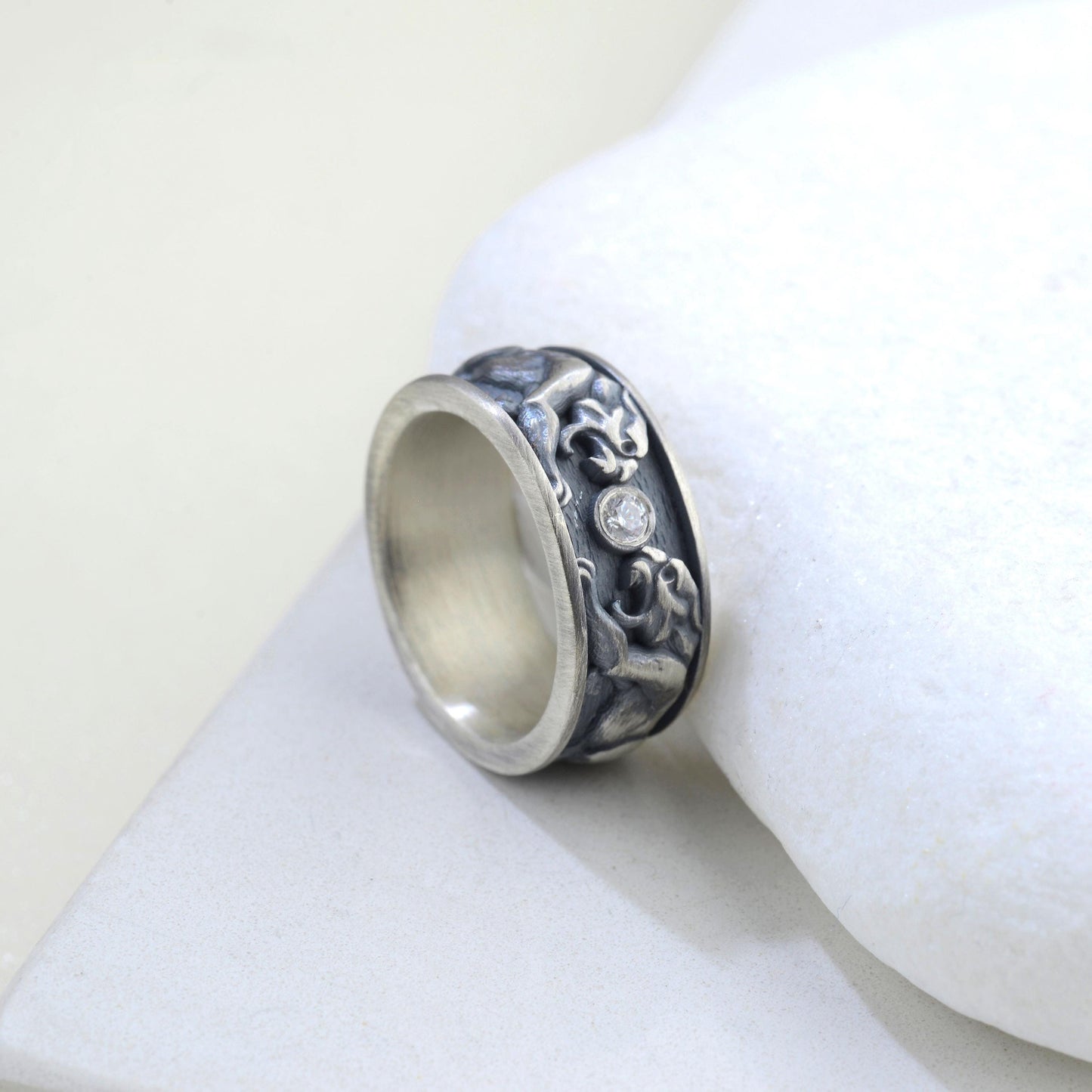 Sterling Silver Tiger Signet Ring, Diamond Gemstone, Handmade Animal Band