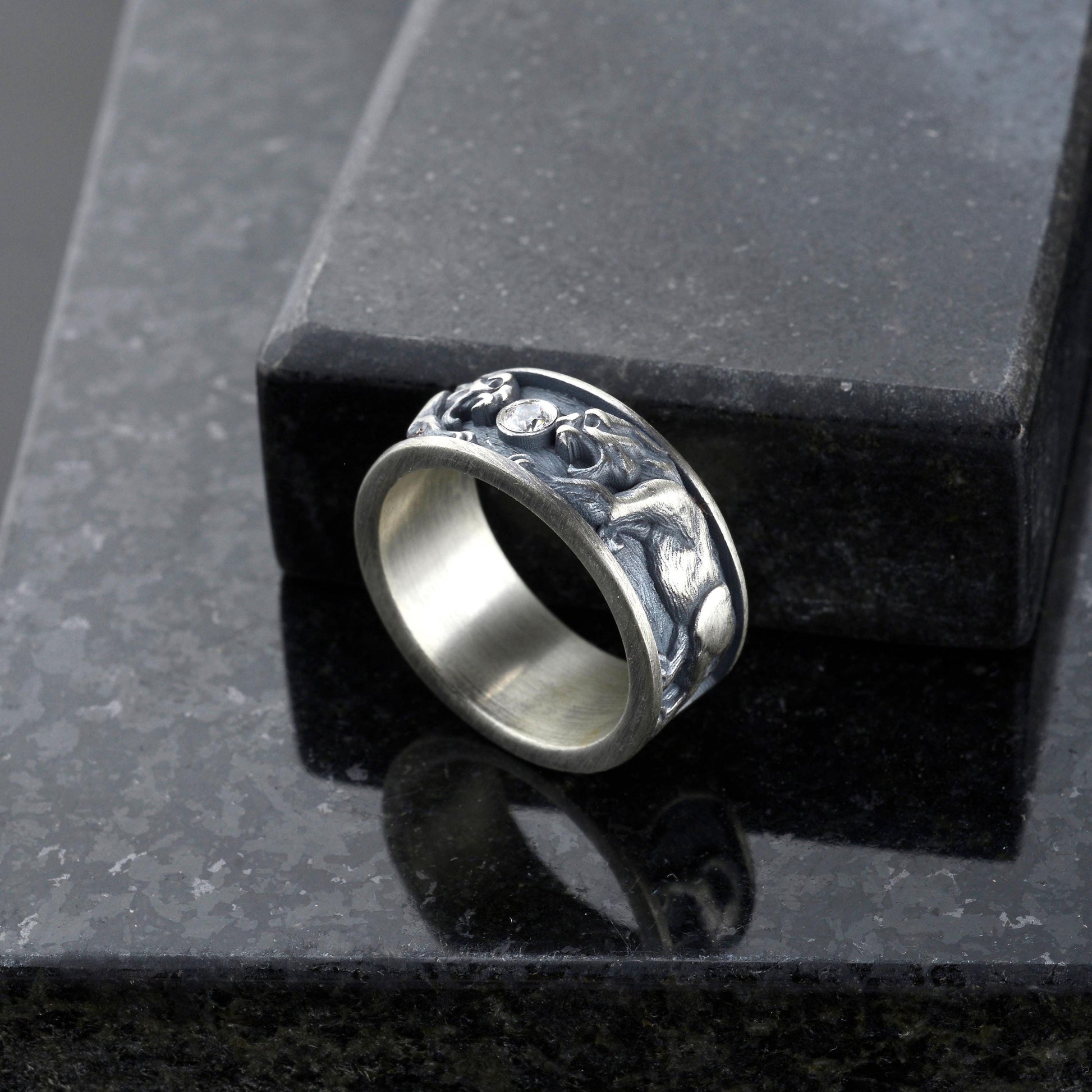 Sterling Silver Tiger Signet Ring, Diamond Gemstone, Handmade Animal Band