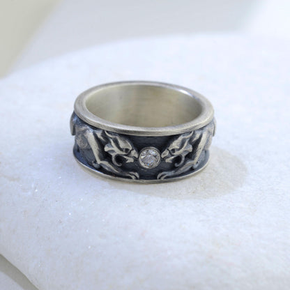 Sterling Silver Tiger Signet Ring, Diamond Gemstone, Handmade Animal Band