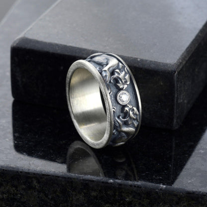 Sterling Silver Tiger Signet Ring, Diamond Gemstone, Handmade Animal Band