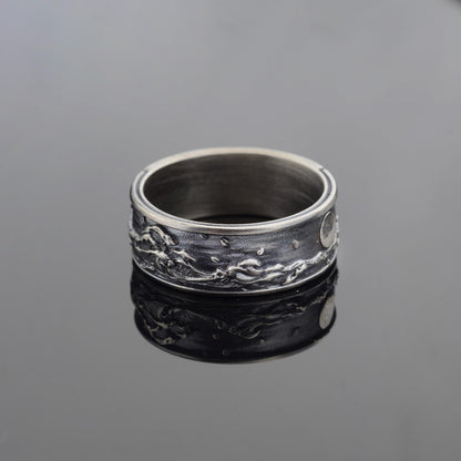 925 Sterling Silver Wavy Night Ring, Ocean Jewelry, Waves Ring, Hand Made Nature Ring, Ocean Waves Jewelry, Sterling Silver Statement Ring