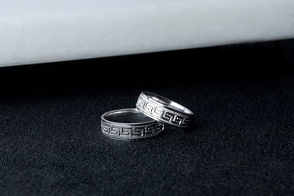 925 Sterling Silver Brused Greek Key Ring, Dainty  Silver Pen Embroidered Ring, Wedding Band, Matching Wedding Rings, Gift for Her Him