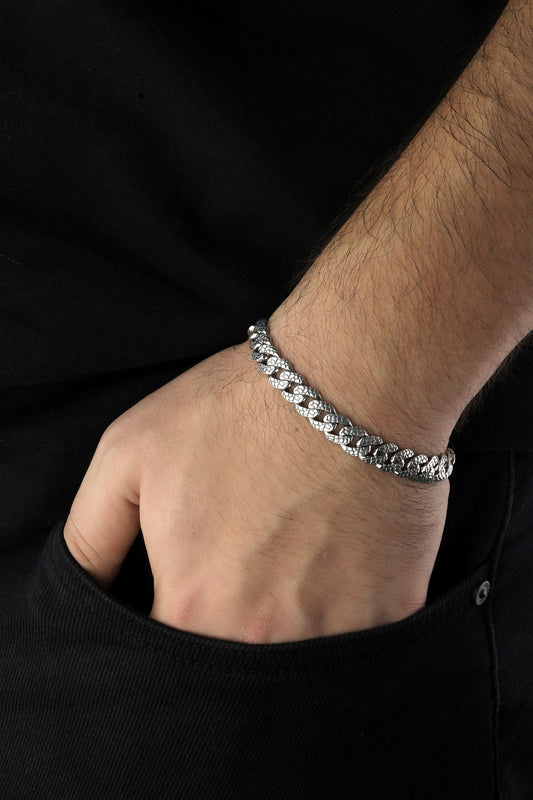 925 Sterling Silver Cuban Bracelet, Rock patterned silver bracelet, 9mm Cuban Link Chain, Handmade Silver Bracelet, Birthday Gift For Her