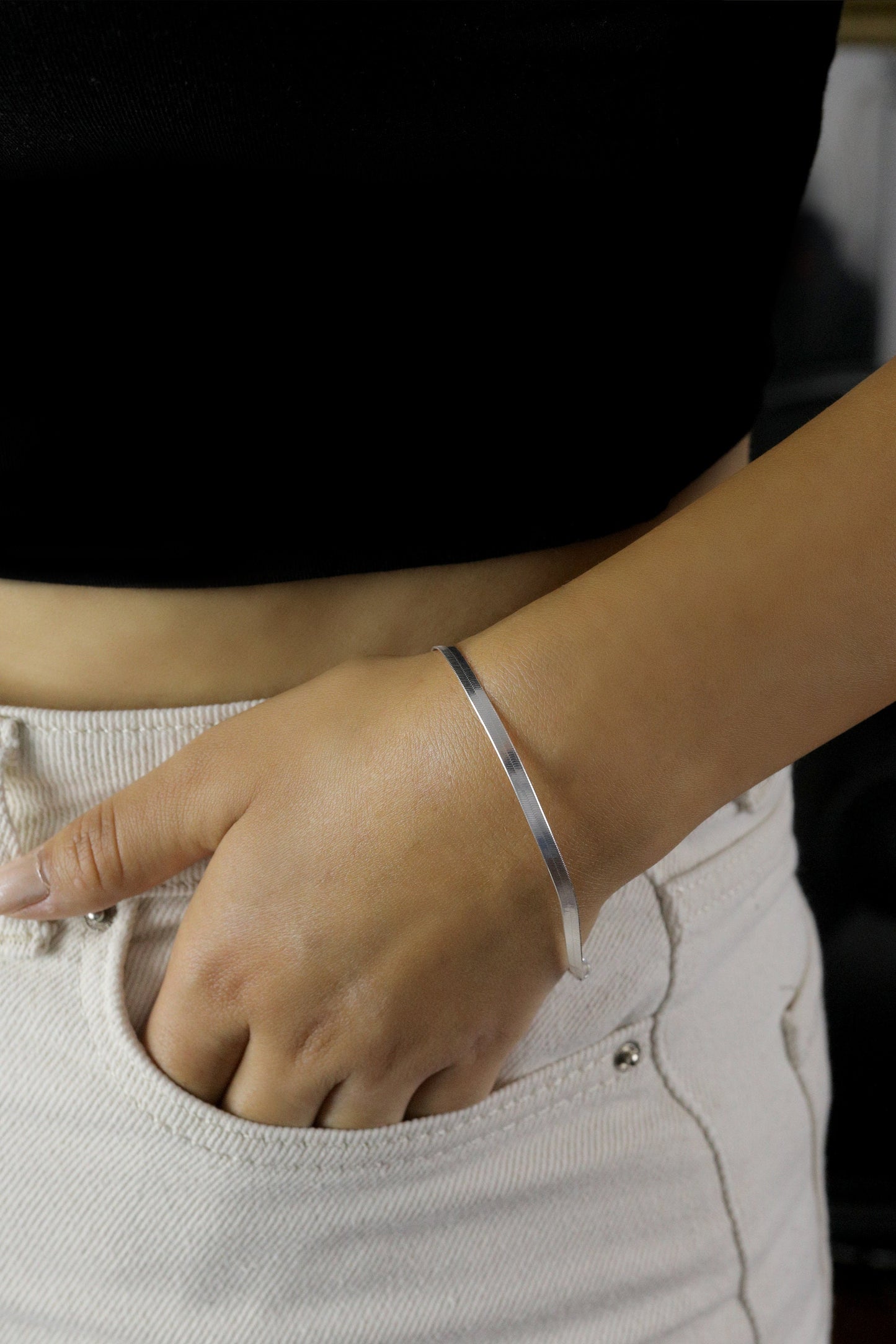 925 Sterling Solid Silver Herringbone Chain Bracelet, Real Silver Chain Bracelet, Layering Bracelet for Women, Snake Bracelet, Gift for Her