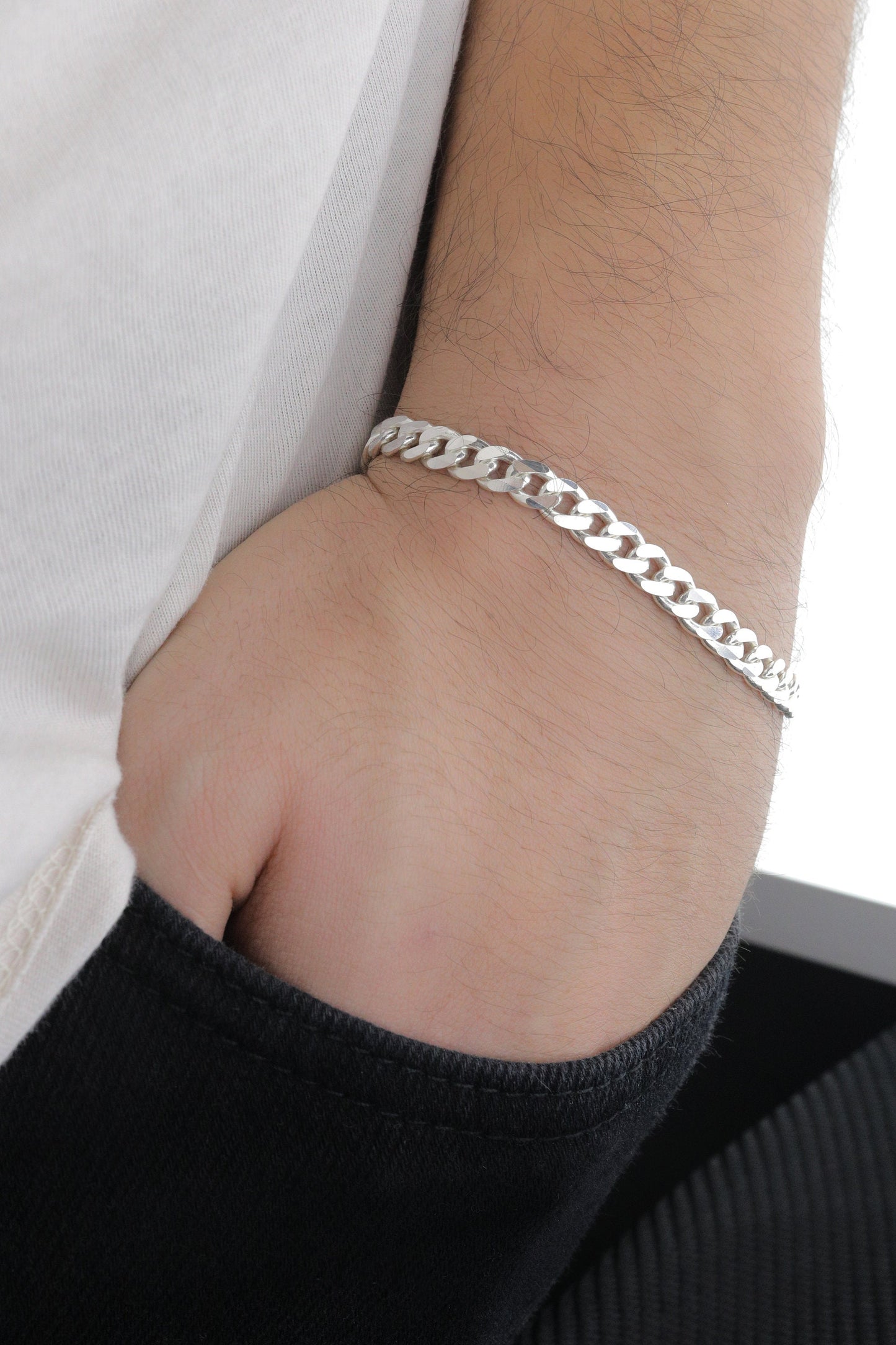 925 Sterling Silver Cuban Chain Bracelet, 6.5 mm Curb Bracelet for Men