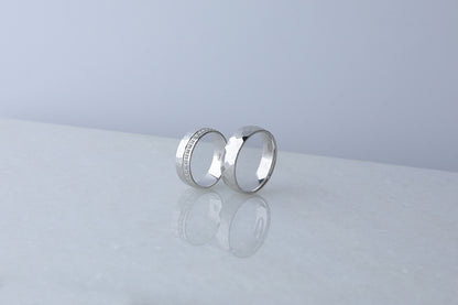 925 Sterling Silver Hammered Wedding Ring Set, Chic Cubic Design Diamond Simulant Silver Ring, Women's Men's Gold Wedding Band, Gift for Her