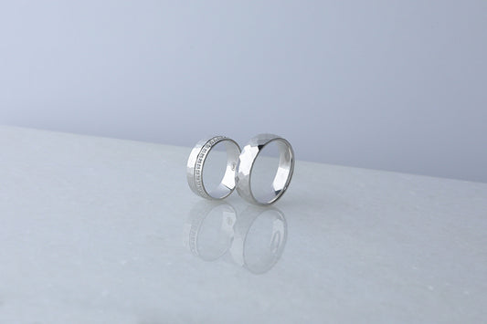 925 Sterling Silver Hammered Wedding Ring Set, Chic Cubic Design Diamond Simulant Silver Ring, Women's Men's Gold Wedding Band, Gift for Her