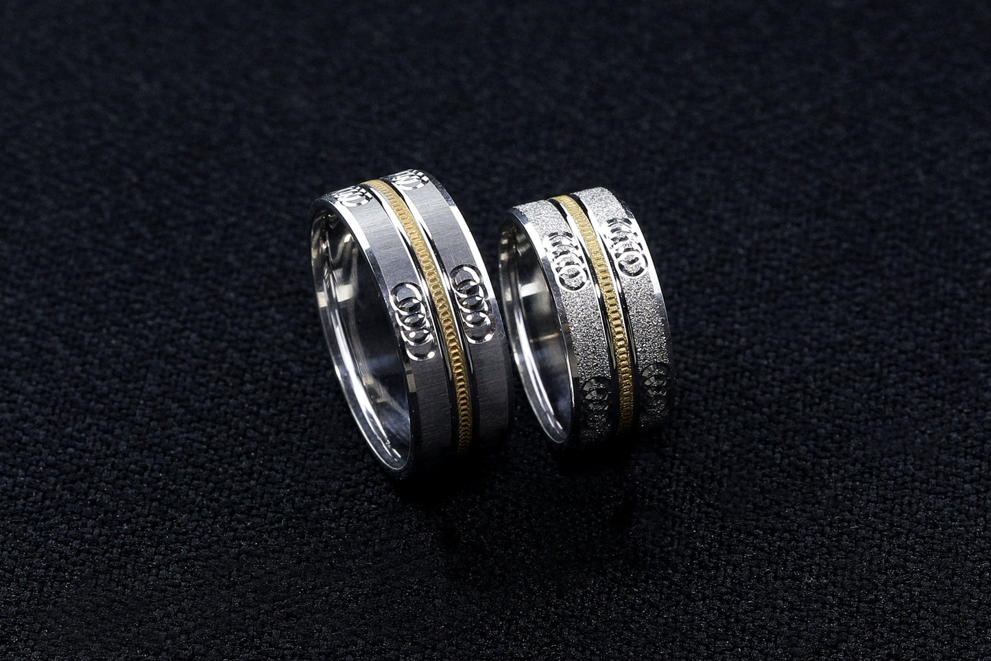 Gold Stripe Engagement Ring Set,Gold wedding bands,925 Sterling Silver Promise Rings For Women and Man,Embroidered engagement rings