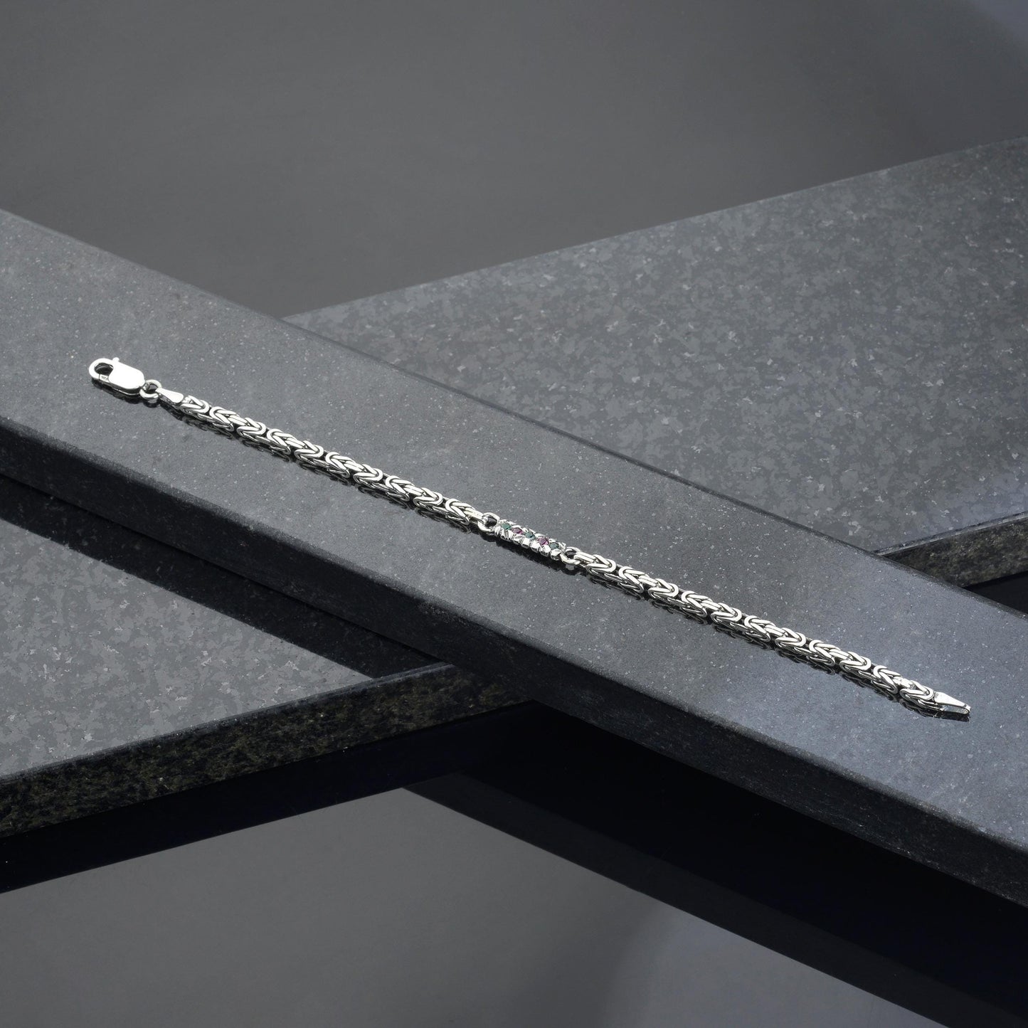 925 Sterling Silver Gemstone King Bracelet, Real Silver Gemstone Byzantine Bracelet, Handmade Square Chain, Minimalist Jewelry for Men