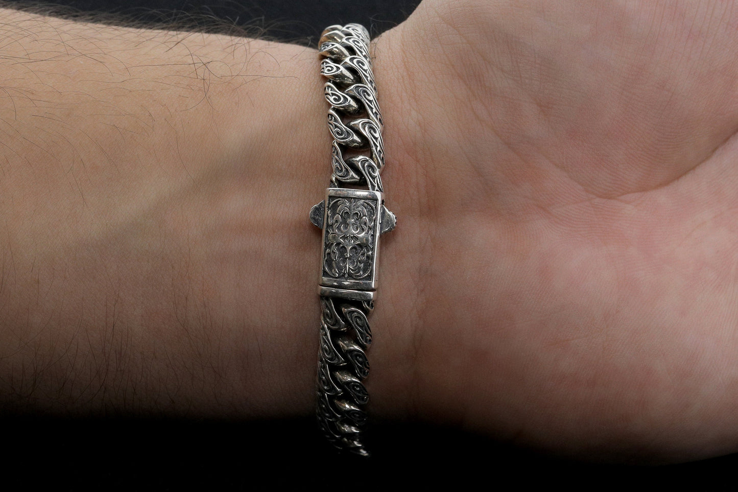 925 Sterling Silver Vintage Bracelet,Cuban Link Chain Bracelet,Mens embroidered bracelet,Handmade Silver Bracelet,Mens Bracelet,Gift for Him