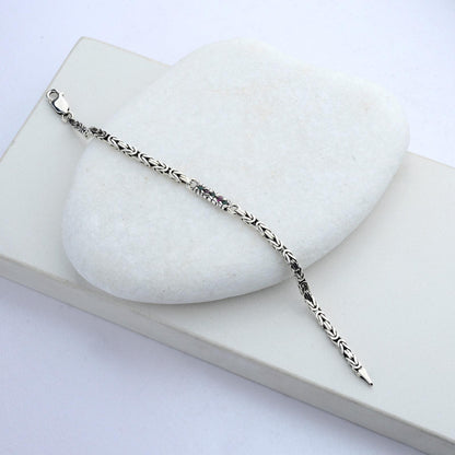 925 Sterling Silver Gemstone King Bracelet, Real Silver Gemstone Byzantine Bracelet, Handmade Square Chain, Minimalist Jewelry for Men