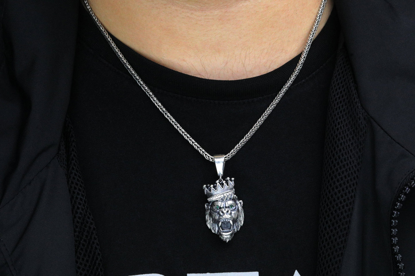 925 Silver Monkey King Chain Necklace, Silver Monkey Pendant, Ape Pendant, Fox Tail Chain, Silver Byzantine Necklace, Gift for Boyfriend