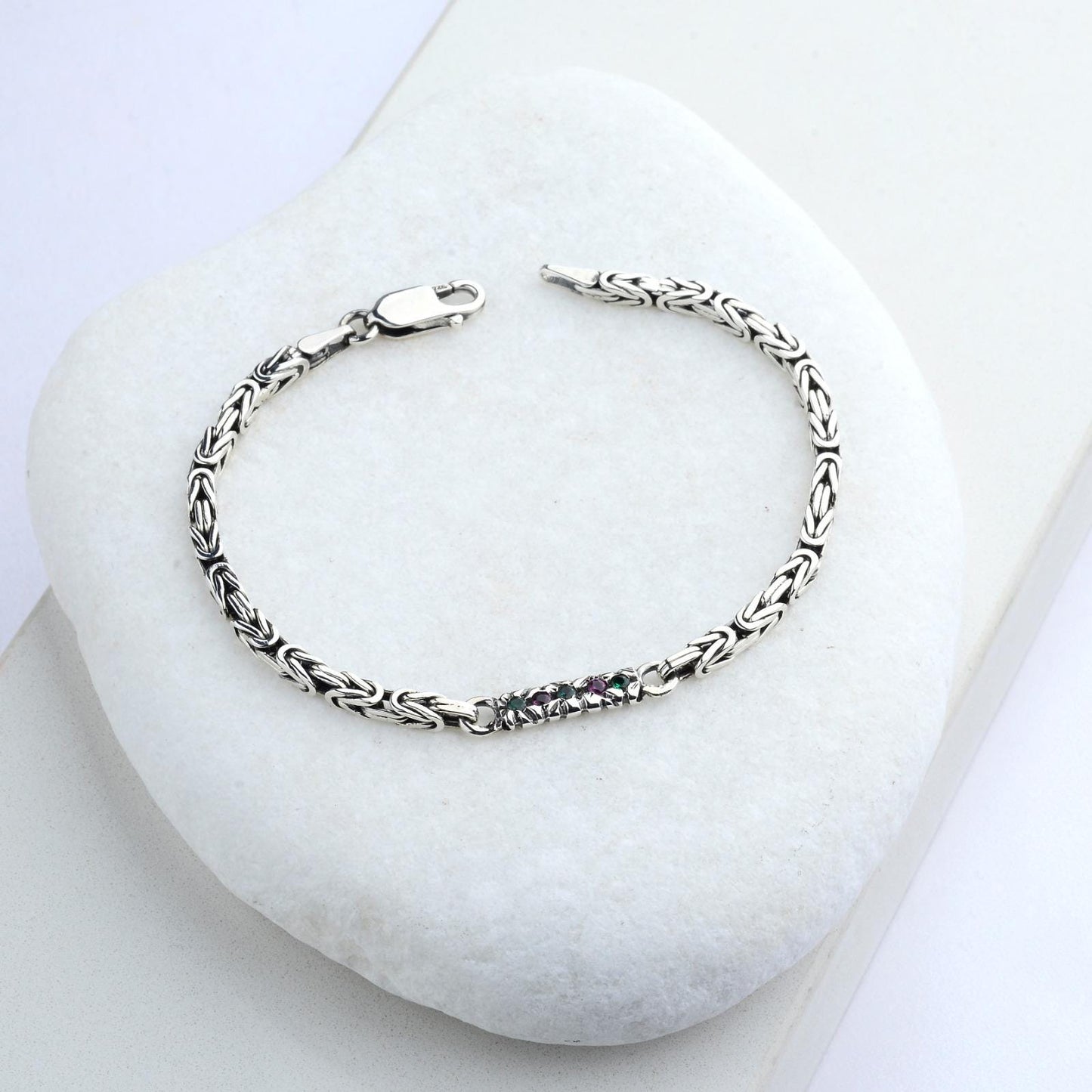 925 Sterling Silver Gemstone King Bracelet, Real Silver Gemstone Byzantine Bracelet, Handmade Square Chain, Minimalist Jewelry for Men