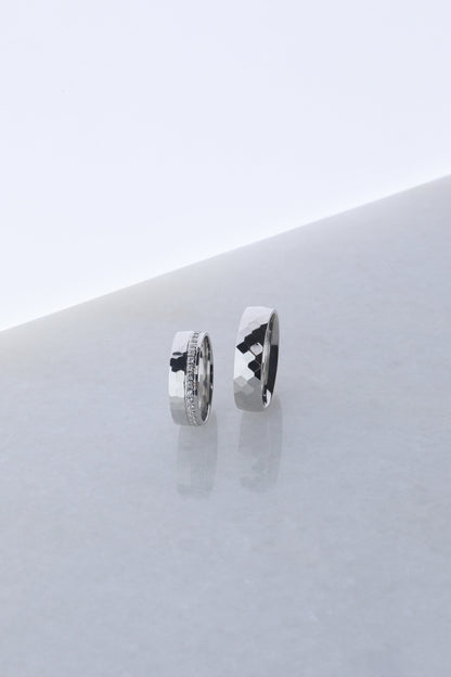 925 Sterling Silver Hammered Wedding Ring Set, Chic Cubic Design Diamond Simulant Silver Ring, Women's Men's Gold Wedding Band, Gift for Her