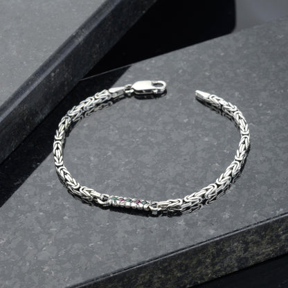 925 Sterling Silver Gemstone King Bracelet, Real Silver Gemstone Byzantine Bracelet, Handmade Square Chain, Minimalist Jewelry for Men